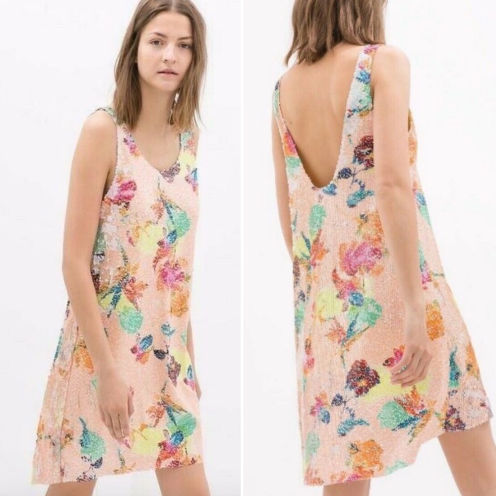 Zara Peach Sequin Floral Mini Dress